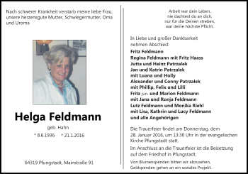 Traueranzeige von Helga Feldmann von trauer.echo-online.de