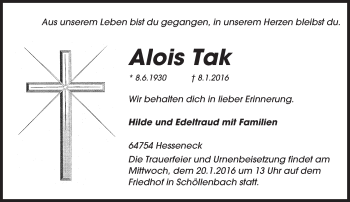 Traueranzeige von Alois Tak von trauer.echo-online.de