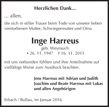 Traueranzeige von Inge Harreus von trauer.echo-online.de