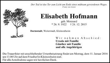 Traueranzeige von Elisabeth Hofmann von trauer.echo-online.de