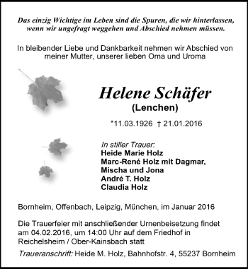 Traueranzeige von Helene Schäfer von trauer.echo-online.de