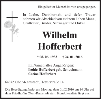 Traueranzeige von Wilhelm Hofferbert von trauer.echo-online.de