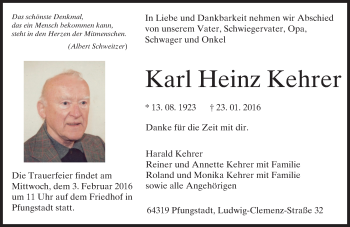 Traueranzeige von Karl Heinz Kehrer von trauer.echo-online.de