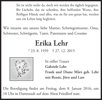 Traueranzeige von Erika Lehr von trauer.echo-online.de