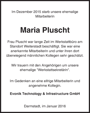 Traueranzeige von Maria Pluscht von trauer.echo-online.de