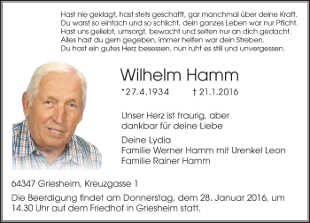 Traueranzeige von Wilhelm Hamm von trauer.echo-online.de