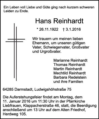 Traueranzeige von Hans Reinhardt von trauer.echo-online.de