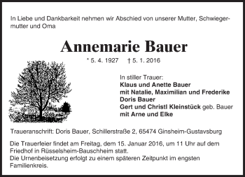 Traueranzeige von Annemarie Bauer von trauer.echo-online.de Traueranzeige von Annemarie Bauer von trauer.echo-online.de
