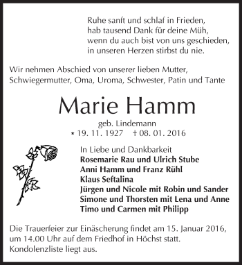 Traueranzeige von Marie Hamm von trauer.echo-online.de