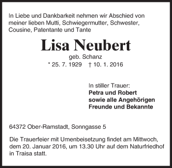 Traueranzeige von Lisa Neubert von trauer.echo-online.de