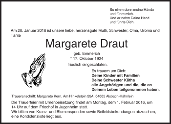 Traueranzeige von Margarete Draut von trauer.echo-online.de