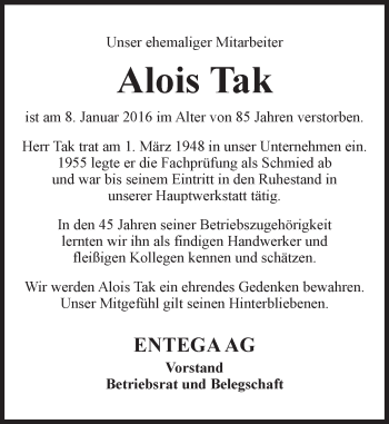 Traueranzeige von Alois Tak von trauer.echo-online.de