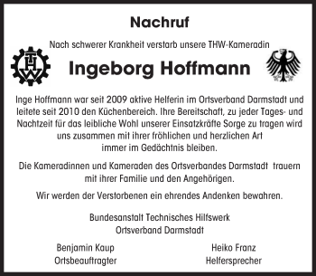 Traueranzeige von Ingeborg Hoffmann von trauer.echo-online.de