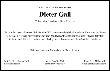Traueranzeige von Dieter Gail von  Gießener Anzeiger