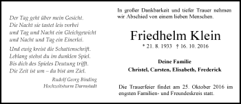Traueranzeige von Friedhelm Klein von Trauerportal Echo Online