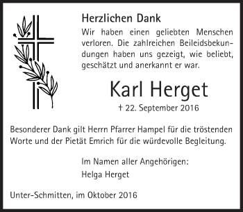Traueranzeige von Karl Herget von  Kreisanzeiger