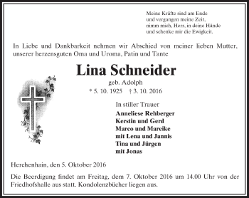 Traueranzeige von Lina Schneider von VRM Trauer