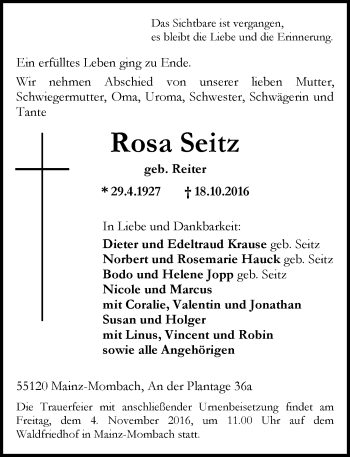 Traueranzeige von Rosa Seitz von Trauerportal Rhein Main Presse