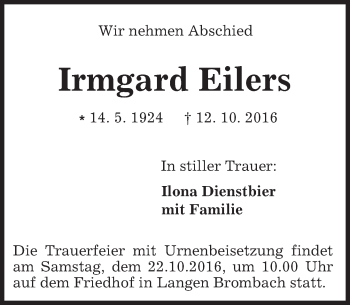 Traueranzeige von Irmgard Eilers von Trauerportal Echo Online