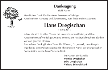 Traueranzeige von Hans Dregischan von Trauerportal Rhein Main Presse