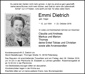 Traueranzeige von Emmi Dietrich von VRM Trauer