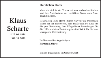 Traueranzeige von Klaus Scharte von Trauerportal Rhein Main Presse