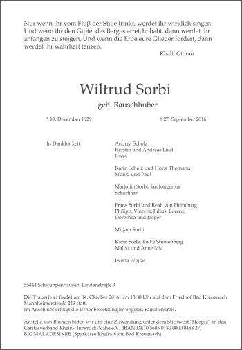 Traueranzeige von Wiltrud Sorbi von Trauerportal Rhein Main Presse