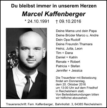 Traueranzeige von Marcel Kaffenberger von Trauerportal Echo Online
