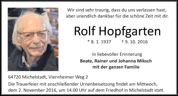 Traueranzeige von Rolf Hopfgarten von Trauerportal Echo Online