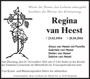 Traueranzeige von Regina van Heest von Trauerportal Rhein Main Presse