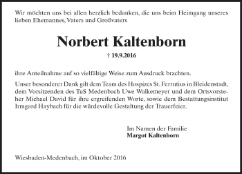Traueranzeige von Norbert Kaltenborn von Trauerportal Rhein Main Presse