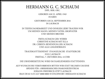 Traueranzeige von Hermann Schaum von  Gießener Anzeiger