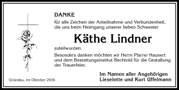 Traueranzeige von Käthe Lindner von  Kreisanzeiger