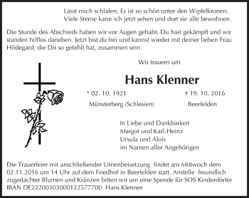 Traueranzeige von Hans Klenner von Trauerportal Echo Online