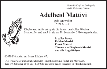 Traueranzeige von Adelheid Mattivi von Trauerportal Rhein Main Presse