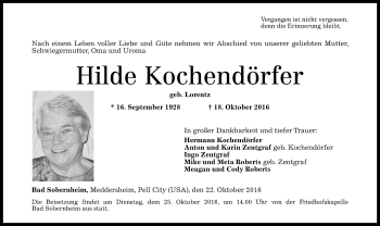 Traueranzeige von Hilde Kochendörfer von Trauerportal Rhein Main Presse