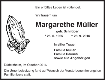 Traueranzeige von Margarethe Müller von  Kreisanzeiger