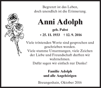 Traueranzeige von Anni Adolph von  Kreisanzeiger