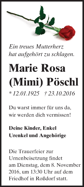 Traueranzeige von Marie Rosa Pöschl von Trauerportal Echo Online