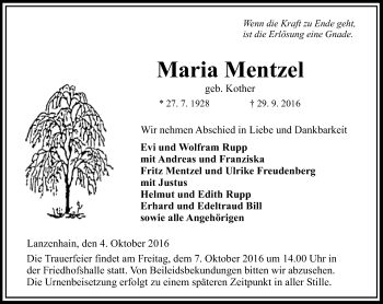 Traueranzeige von Maria Mentzel von VRM Trauer