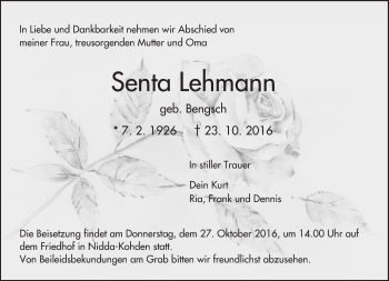 Traueranzeige von Senta Lehmann von  Kreisanzeiger
