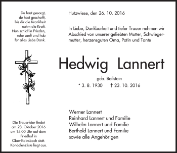 Traueranzeige von Hedwig Lannert von Trauerportal Echo Online