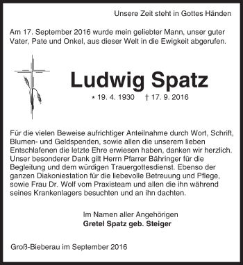 Traueranzeige von Ludwig Spatz von Trauerportal Echo Online
