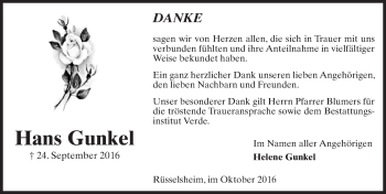 Traueranzeige von Hans Gunkel von Trauerportal Rhein Main Presse