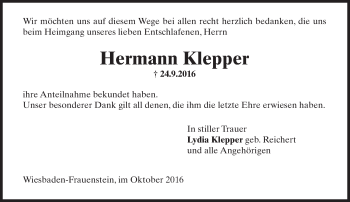 Traueranzeige von Hermann Klepper von Trauerportal Rhein Main Presse