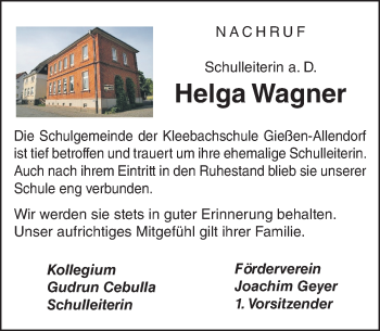 Traueranzeige von Helga Wagner von  Gießener Anzeiger