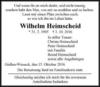 Traueranzeige von Wilhelm Heimscheid von  Gießener Anzeiger
