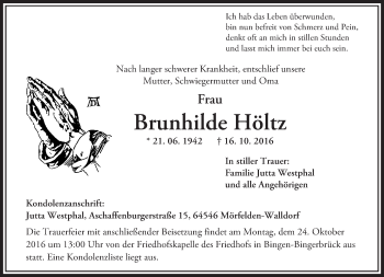 Traueranzeige von Brunhilde Höltz von Trauerportal Rhein Main Presse