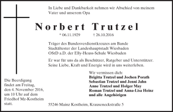 Traueranzeige von Norbert Trutzel von Trauerportal Rhein Main Presse