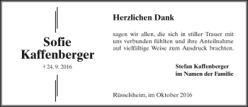 Traueranzeige von Sofie Kaffenberger von Trauerportal Rhein Main Presse